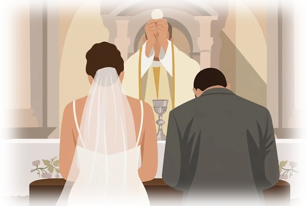 A priest blessing the kneeling couple